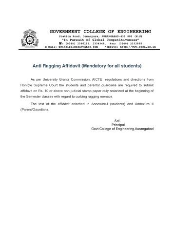 Anti Ragging Affidavit (Mandatory for all students) - Government ...