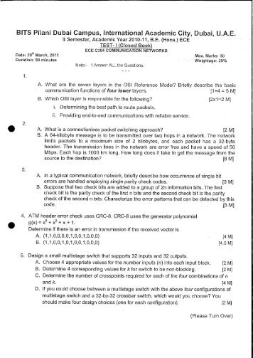 CN 2011 Test 1 Question Paper and Answering Scheme - BITS Pilani