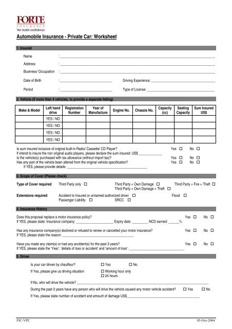 Automobile Insurance - Private Car: Worksheet - Forte Insurance