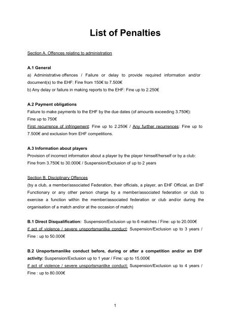 List of Penalties - European Handball Federation