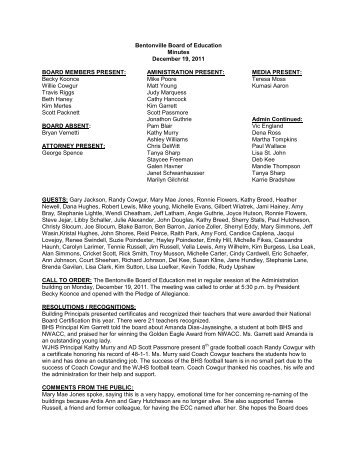 Bentonville Board of Education Minutes December 19, 2011 BOARD ...