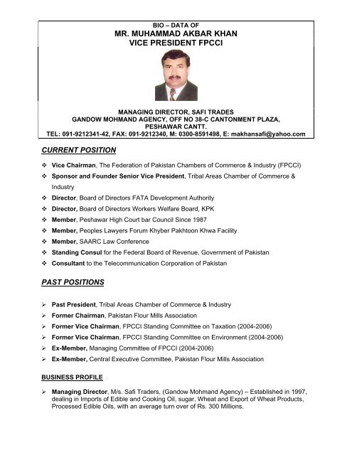 mr. muhammad akbar khan vice president fpcci - The Federation of ...