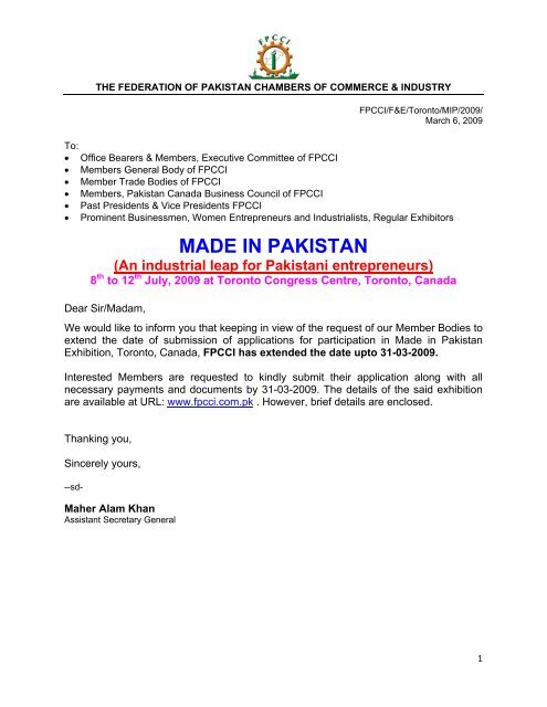 MADE IN PAKISTAN - The Federation of Pakistan Chambers of ...