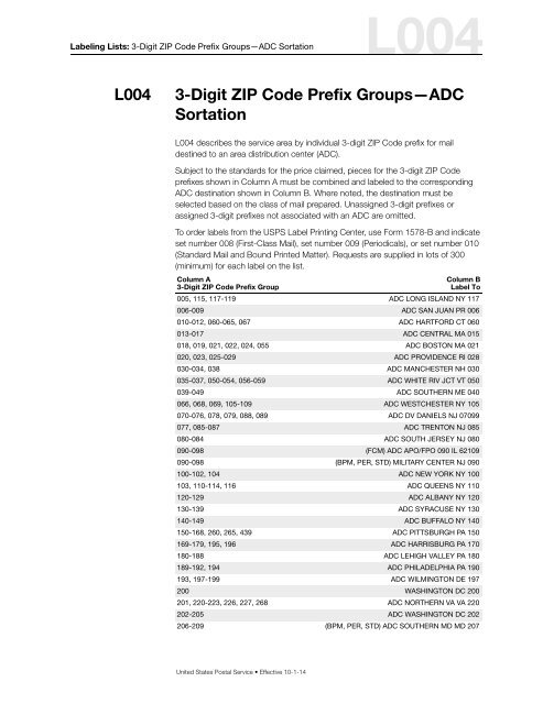 L004 3-Digit ZIP Codeâ€”ADC Sortation