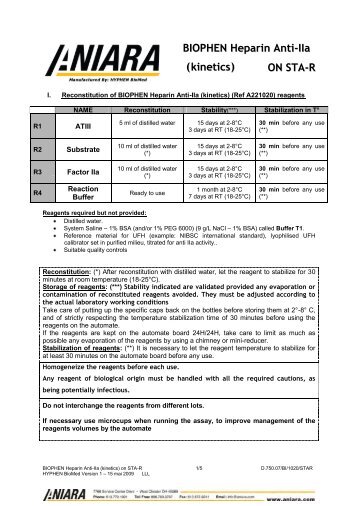 BIOPHEN Heparin Anti-IIa (kinetics) sur STAR - Aniara