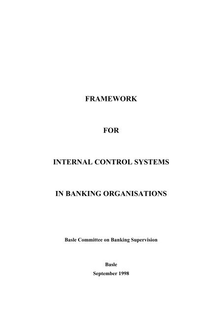 Framework for Internal Control Systems in Banking Organisations