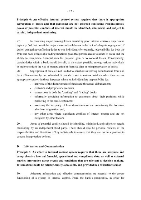 Framework for Internal Control Systems in Banking Organisations