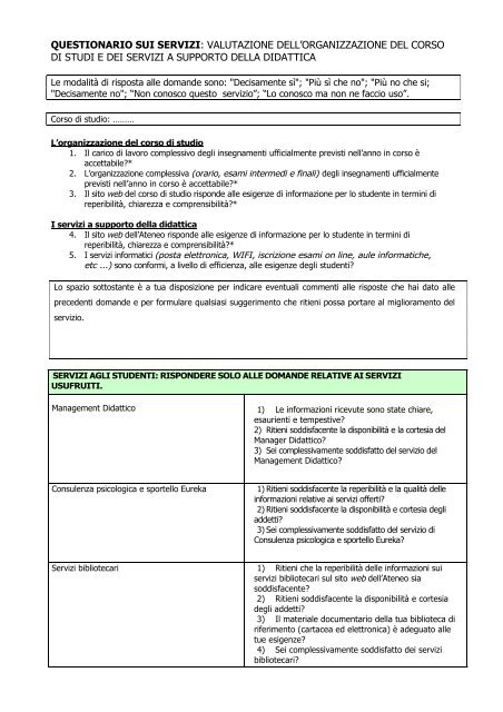 Questionario sui servizi - Nucleo di Valutazione