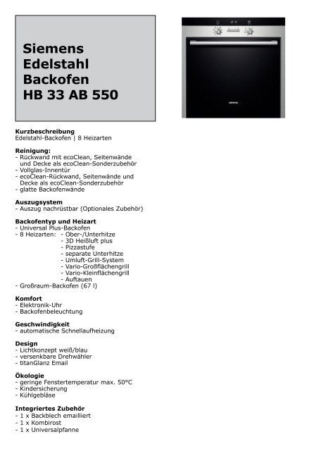Siemens Edelstahl Backofen HB 33 AB 550