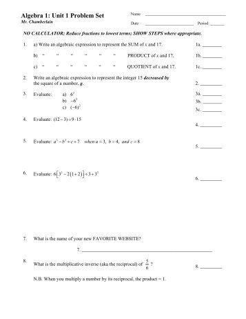 Algebra 1: Unit 1 Problem Set - MathChamber