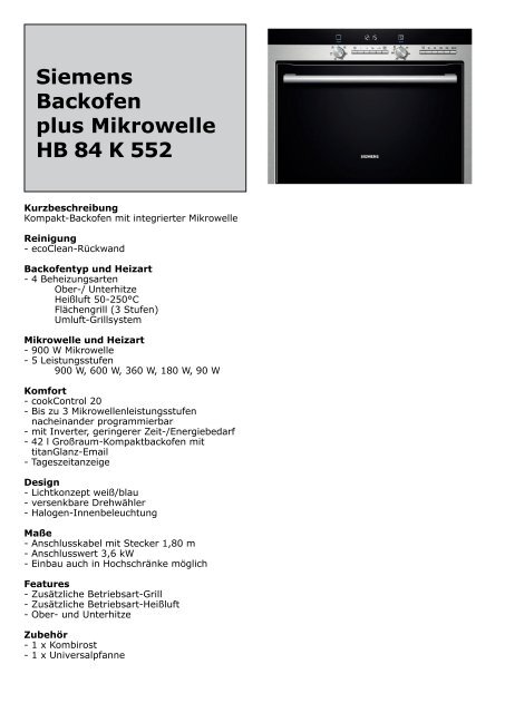Siemens Backofen plus Mikrowelle HB 84 K 552