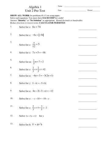 Algebra 1 Unit 2 Pre-Test - MathChamber