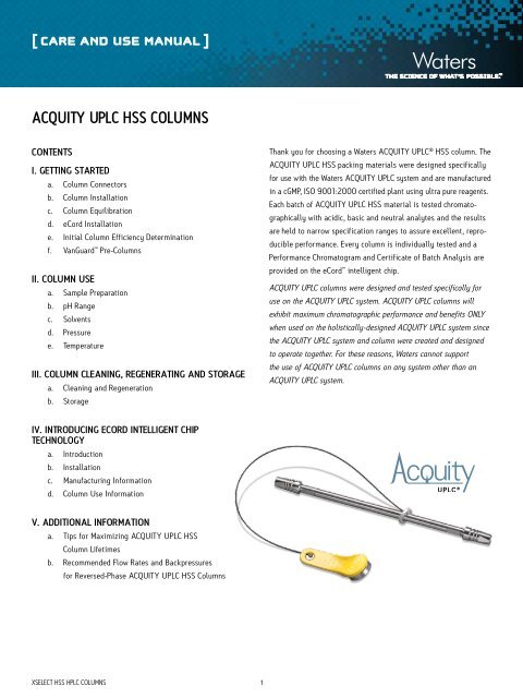 ACQUITY UPLC HSS Columns Care and Use Manual - Waters