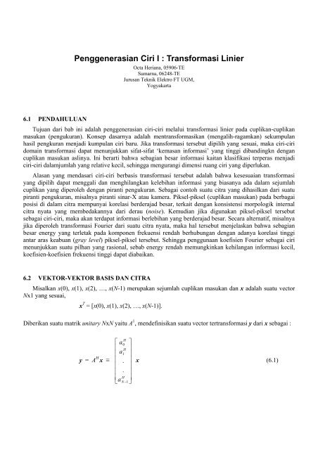 Penggenerasian Ciri I : Transformasi Linier - Teknik Elektro UGM