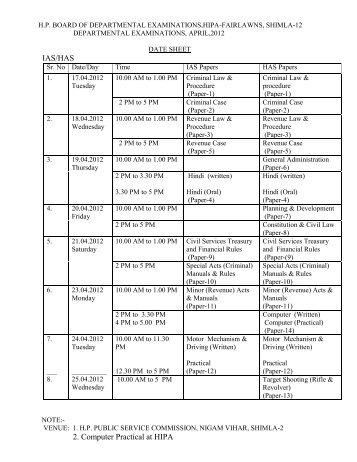 HP Board Departmental Examination 2012 Date Sheet - StudyChaCha