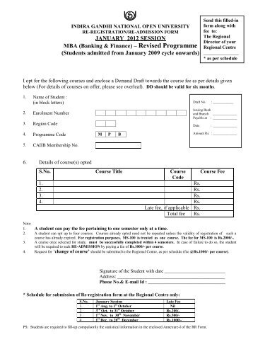 IGNOU MBA Banking Financec Re registration Form ... - StudyChaCha