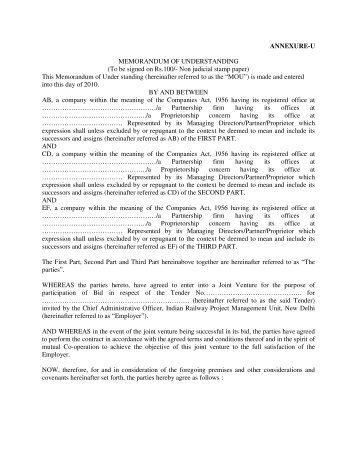 ANNEXURE-U MEMORANDUM OF UNDERSTANDING (To be ...