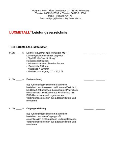 LUXMETALL® Leistungsverzeichnis