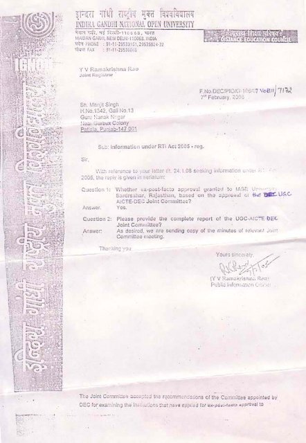 Information Under RTI Act 2005 - reg. - IASE University