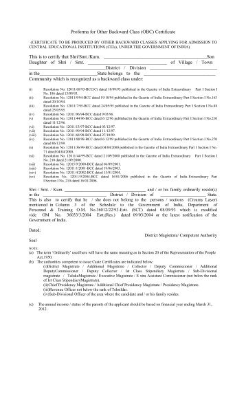 Proforma for Other Backward Class (OBC) Certificate This ... - Saharsa