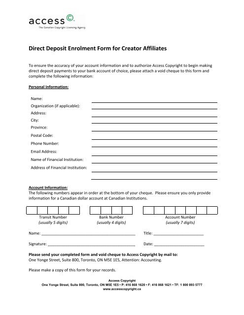 Direct Deposit Enrolment Form For Creator Affiliates Access