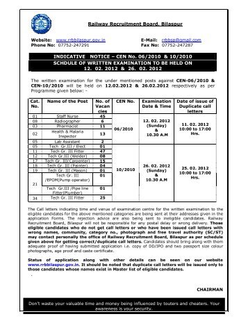 CEN No. 06/2010 & 10/2010 SCHDULE OF ... - RRB Bilaspur