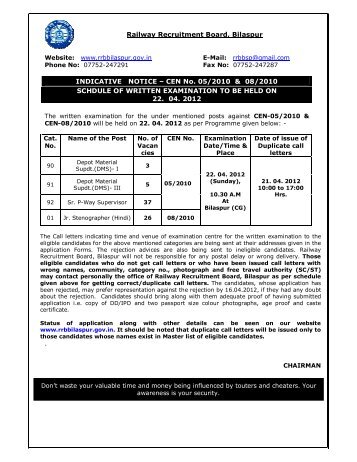 CEN No. 05/2010 & 08/2010 SCHDULE OF ... - RRB Bilaspur