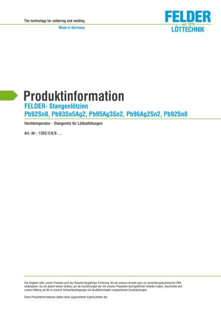 Produktinformation FELDER- Stangenlötzinn Pb92Sn8 ...