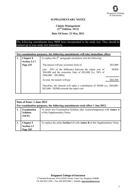 Supplementary Notes - Singapore College of Insurance