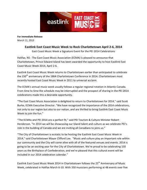 Eastlink East Coast Music Week to Rock Charlottetown April 2-6, 2014