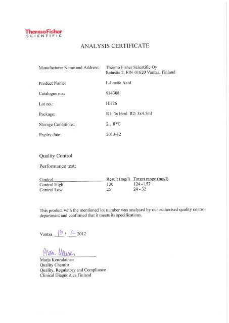 ANALYSIS CERTIFICATE Thermo Scientific ANALYSIS CERTIFICATE Thermo Scientific