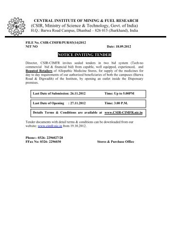 Tender Notification CSIR-CIMFR/PUR/03(14)2012 Date