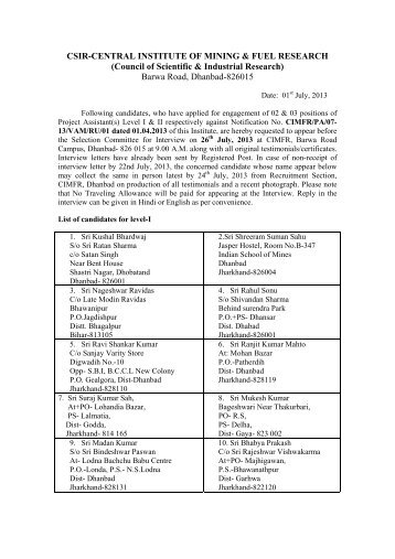 List of short listed candidates for interview against the Notification ...