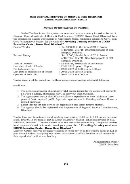 Tender Notification Providing Catering services at CIMFR Executive ...