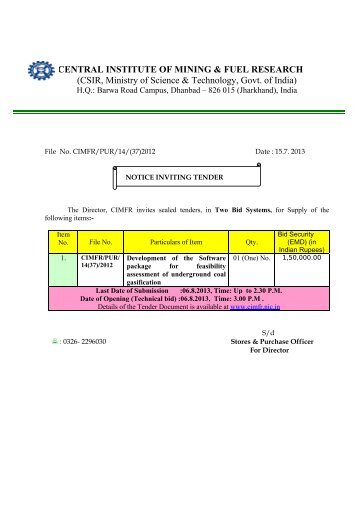 Tender Notification CIMFR/PUR/14/(37)2012 Date - Central Institute ...
