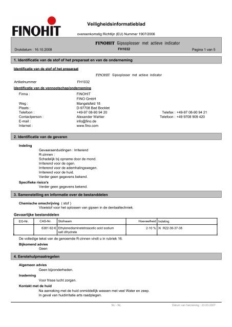 Veiligheidsinformatieblad Gipsoplosser met actieve indicator - FINO