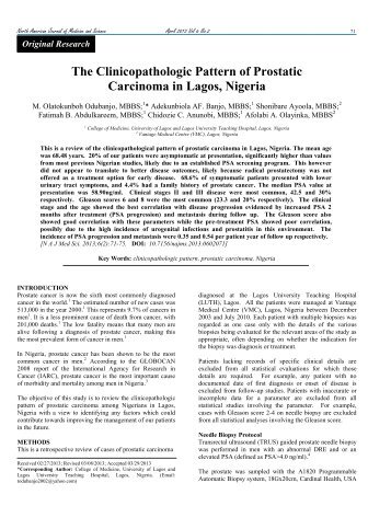 The Clinicopathologic Pattern of Prostatic Carcinoma in Lagos, Nigeria