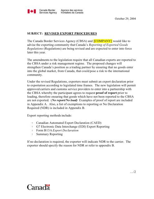 Export Procedures for exporters-joint letter-9Nov04-Final - CIFFA.com