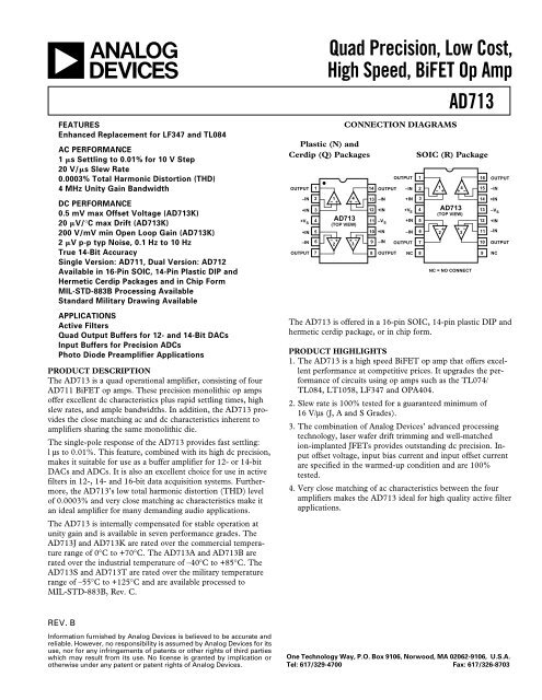 AD713 Quad Precision, Low Cost, High Speed, BiFET Op Amp