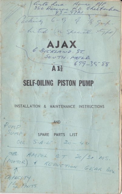 Ajax A1-1/2 Piston Pump Installation and Maintenance Manual
