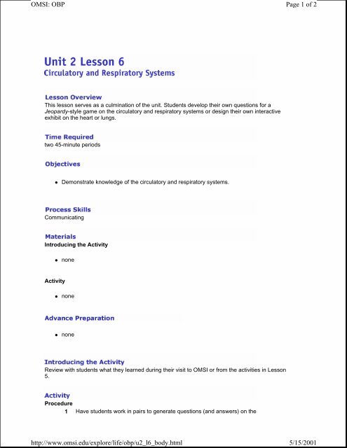 Lesson 6: The Circulatory and Respiratory Systems - OMSI