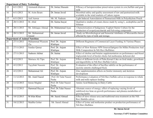 Seminar Schedule for Post Graduate Students Faculty of ... - UVAS