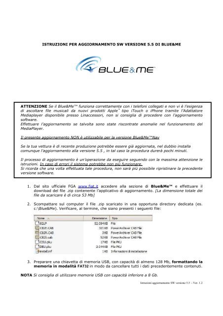 Istruzioni per aggiornamento BlueMe 5.5 - Ver. 1.2 - Fiat