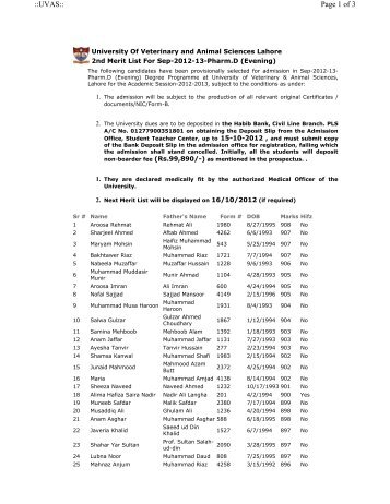Second Merit List of Pharm-D (Evening) for Session 2012-13 - UVAS