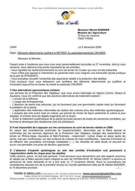 Lettre de Terre d'Abeilles au Ministre de l'Agriculture Michel BARNIER