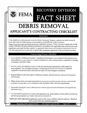 FEMA Debris Removal Applicant's Contracting Checklist