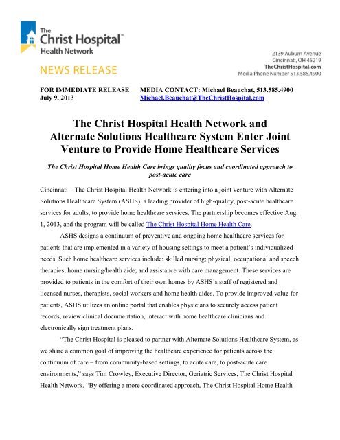 The Christ Hospital Health Network and Alternate Solutions ...