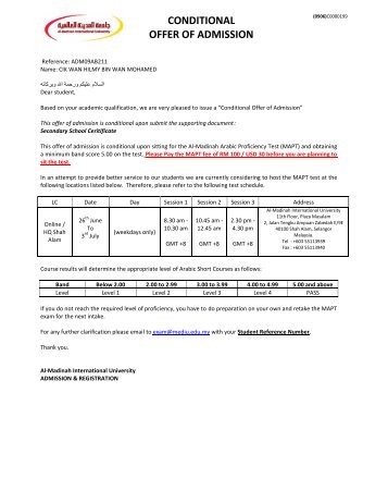 conditional offer of admission - Al-Madinah International University