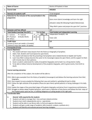 1. Name of Course Stories of Prophets in Islam 2. Course Code ...
