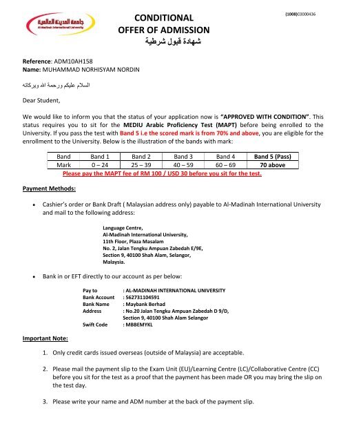 Conditional Offer Of Admission Al Madinah International University